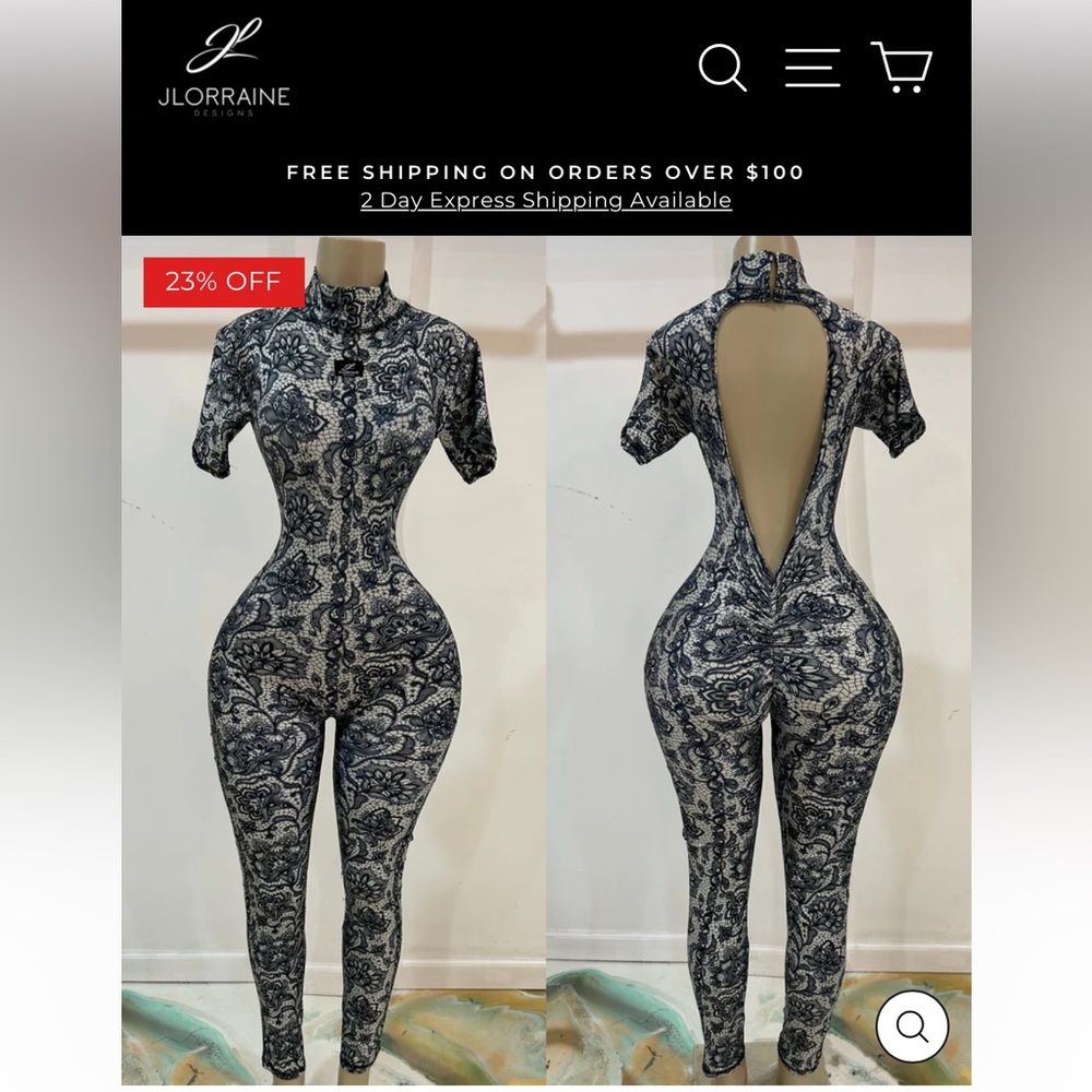JLORRAINE Black & White Paisley Cutout Back Jumpsuit